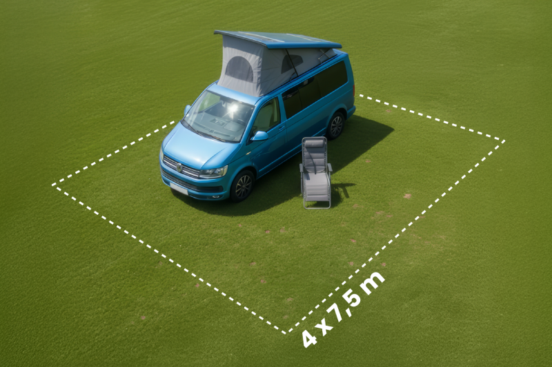 BASIC kampeerplaats 4 × 7,5 m met camper op de wei — CAMPING WEISS Schitterhof