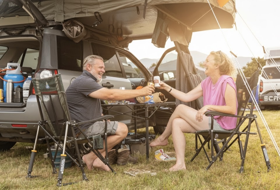 F1-paklijst in actie: campingstoelen, koelbox, daktent en proost met de buren op Schitterhof CAMPING WEISS
