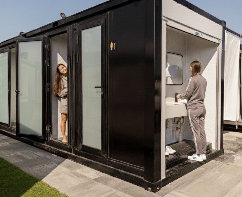 Moderne sanitair-containers met individuele cabines bij CAMPING WEISS