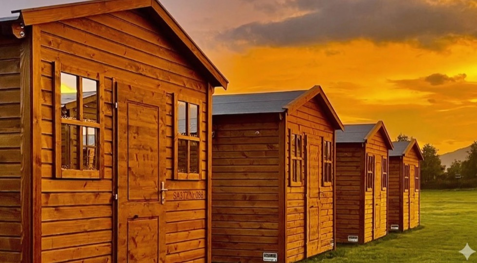 Verwarmde houten chalets bij zonsondergang — CAMPING WEISS